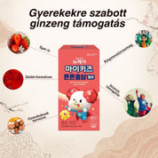 MyKids Red Ginseng Jelly Strong gyerekekre szabott, eper ízű zselés koreai vörös ginzeng termék vidám, családbarát megjelenéssel.