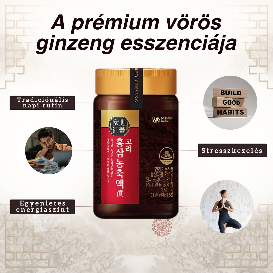 Prémium koreai vörös ginzeng koncentrátum elegáns üvegcsomagolásban, letisztult, prémium környezetben.