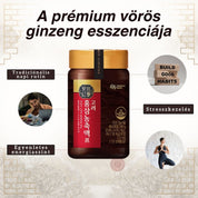Prémium koreai vörös ginzeng koncentrátum elegáns üvegcsomagolásban, letisztult, prémium környezetben.